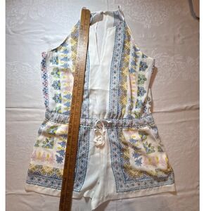 BCBGMAXAZRIA Tyra Romper White Blue Boho Print Halter Neck Size M NWT $198